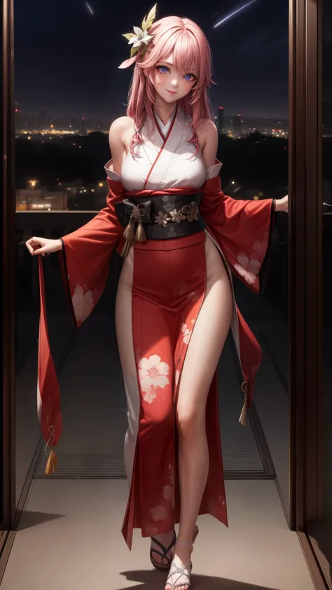 purple eyes, pink hair,
BREAK (({white kimono:1.35}, {red hakama:1.35}, {wide sleeves:1.20}:1.2)),
BREAK (Night:1.7), Japan, cyberpunk, CityView, Before Window, Standing at attention,arm behind back, expressive eyes,seductive smile, looking at viewer, NSFW...