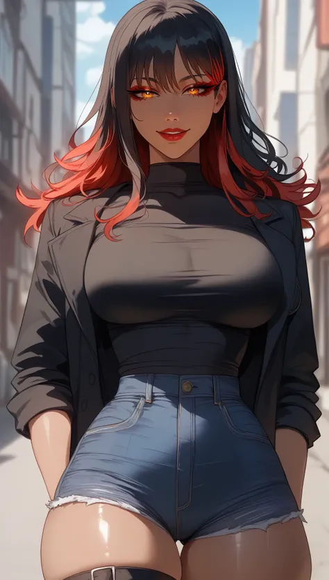  perfect eyes、 perfectly sexy face、ultra detailed、cut、Chainsaw Man、 black hair with red highlights、Long and loose hair、shiny hair、( Big breasts ), black shirt、black jacket、Tight Waist、 thin waist 、 dark blue denim shorts、 Thigh straps 、 shiny skin 、 tanned...