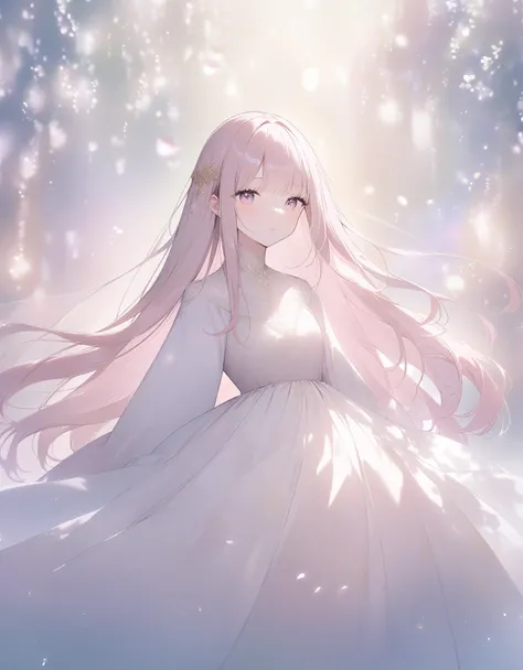  dazzling 、 fairies drawn in detail in a light pink long dress 、 Long Straight Hair 、Wearing a light pink long dress、 all float softly in a soft green forest with a delicate pastel pink base 。 soft light that slowly drifts through the surroundings 、 drawn ...