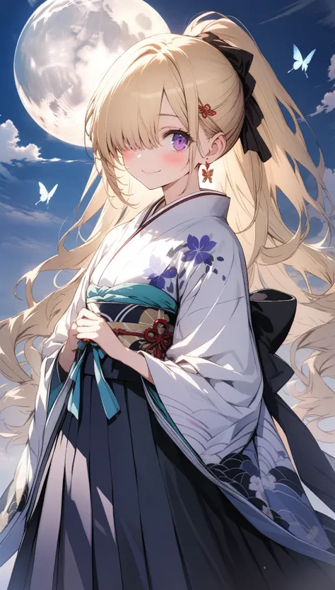 1girl, solo, 18 years old, looking at viewer, blush, smile, closed mouth, blonde hair, ponytail, long hair, long sleeves, purple eyes, full moon, flower, japanese clothes, wide sleeves, kimono, hair over one eye, sky, butterfly, hakama skirt, egasumi, yaga...