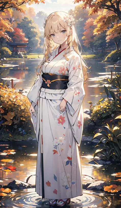 ((White floral kimono ,smile,evening,Blonde long hair)),beautiful,  best quality,Beauty,smile, Japanese Garden,smile, fall leaves for vaginal discharge , woman looking at me and smiling,Autumn leaves falling,A woman standing beside a pond