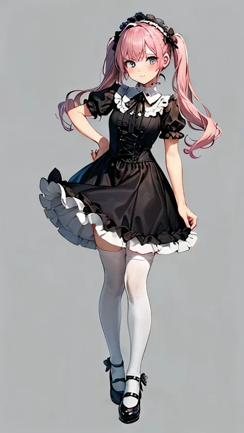 "A full-body illustration of a cute anime-style girl with pink hair styled in large, tied twin tails, light blue eyes, wearing a frilly Gothic Lolita fashion outfit based on black, a white frilly headband with many frills on her head, white tights, and cut...