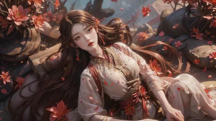 A beautiful woman with perfect curves wearing a long dress that gently flutters in the air,The beautiful woman was lie down in a sea of beautiful flowers surrounding her, Chinese traditional, her flexible body increasing with every movement, So enchanting,...
