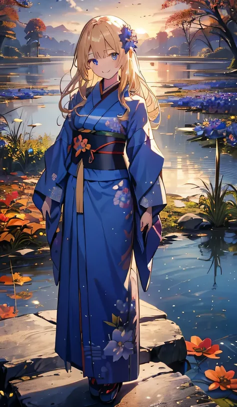 (( Blue Flower Kimono ,smile,evening,Blonde long hair)),beautiful,  best quality,Beauty,smile, Japanese Garden,smile, fall leaves for vaginal discharge , Woman Facing Me and Smiling,Autumn leaves falling,A woman standing beside a pond,Flying Swan 