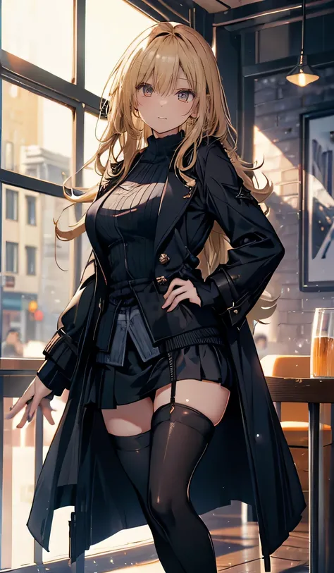 (( miniskirt that snaps around the knee, Black Coat,smile,Blonde, stockings)),beautiful, masterpiece,  best quality,Beauty,  viewers,Laughter , boots,smile, and smiles ,Cafe in front of the station,Poured Sun,Holding a coffee cup in one hand