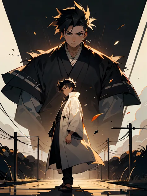 1male , Adult, Brown Skin, Black Hair ,Modern Undercut Hair, Medium Length Shaggy Messy Spiked Hair, Calm Expression, Black Eyes , Black and White Haori Coat , Yukata , Modern Village Background , Standing on path, Perfect Generation 