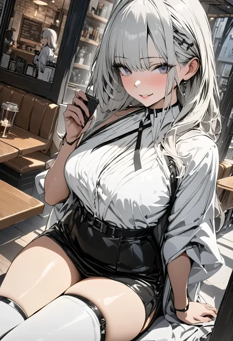 (masterpiece, best quality :1.2,UHD,High Resolution,Detailed depiction)、 dating an adult older sister、 sexy lips、Eyes draw beautifully 、White jacket、 Black Tight Miniskirt 、White knee-high boots、Take a picture so that the whole body is inside、 sitting cro...