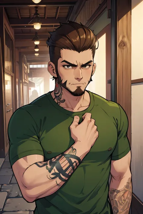 8k, masterpiece, hi-resolution, best quality, hi-res, Top Quality, High Quality, High Resolution, anime, man, light brown hair, pompadour, goatee, long sideburns, tattoos, yakuza tattoos, green shirt, short sleeves, street
