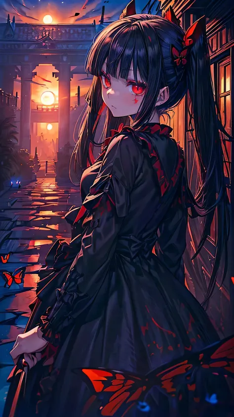 (((Enma Ai)))(())((Female))(((Hell Girl)))((Long black hair))( ((Dark red eyes)))(((Black gothic lolita dress with blue butterfly pattern)))(((Red moon at sunset in the background))((Western-style mansion in the background)) Demon wings on her back