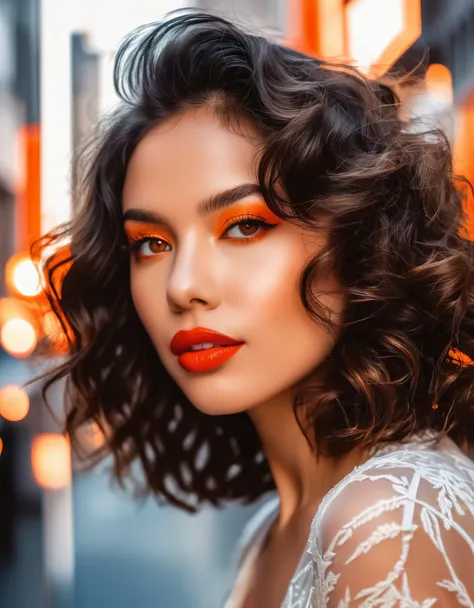  A confident woman with tousled waves and soft red lipstick, orange eyes,  posing in front of a monochrome city setting , highlighted by fractal details, The face is reflected in the mirror 