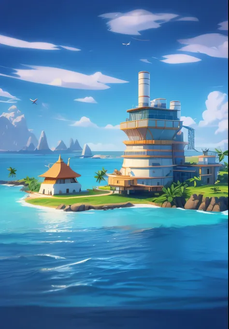 painting of a 核 power plant on the island overlooking at sea, 核 power plant,  Core Reactor , 核 power,  Pixar movie setting ，3D Rendering，8k, 3D cartoon style ， Unreal Engine rendering，a little island on the sea with coconut palm