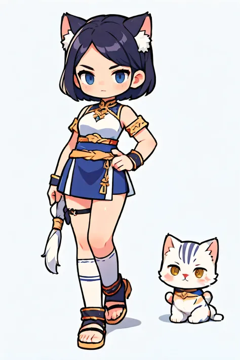 Costume color white,  short hair ,   cat ears ,    Cute Female Warrior Style  ,   European RPG Warriors   ,   Greek Style Outfits , Natural background.   black hair ,   Full Body Protection   ,  black eye ,  Stylish Poses  