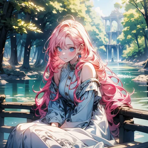 masterpiece, is of the best quality, high resolution,Perfect light and shadow,8k wallpaper,illustration, Sunshine , ray tracing, A Beautiful Lady , pink hair,Long straight hair,Sky blue eyes,Very windy, WHITE DRESS , Show Shoulders ,Show your thighs,forest...