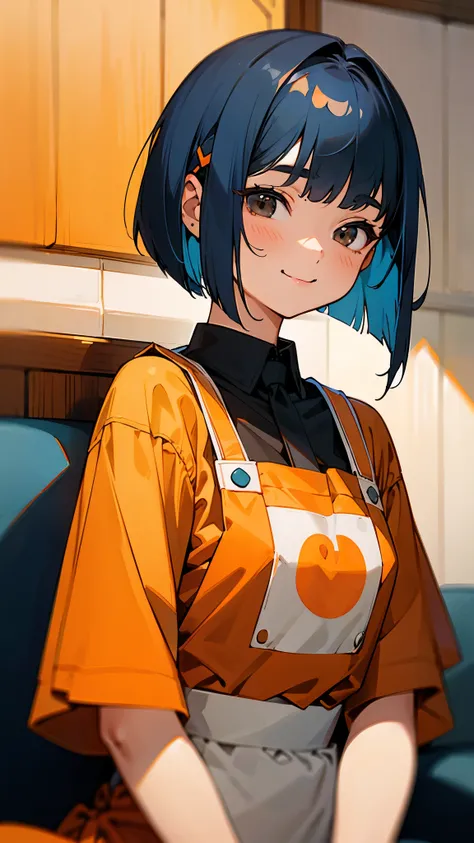  teenage girl、cute、Cook delicious food in the kitchen 、 dark blue hair 、 bob cut from the front、 jet black brown eyes 、 tie your hair with orange hair clips、From the side、apron、 beautiful smile、 upper body lying on sofa