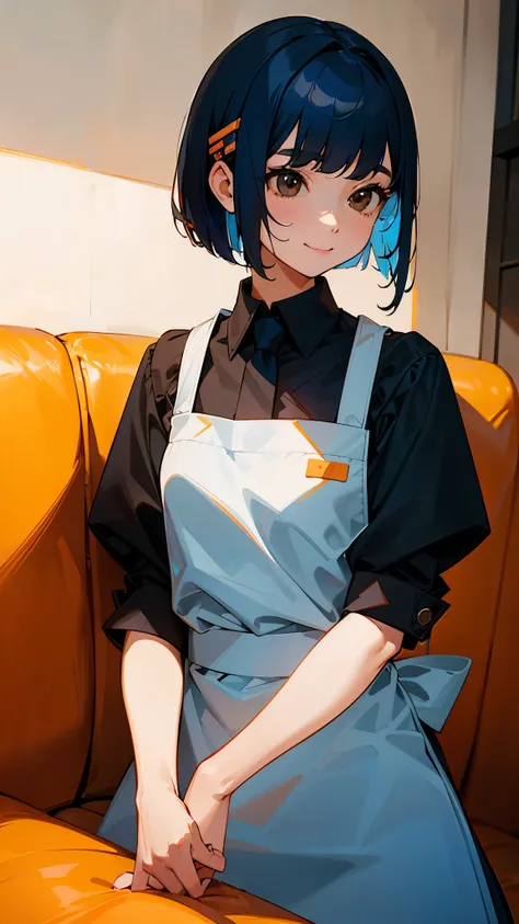  teenage girl、cute、 kitchen、Cook delicious food 、 dark blue hair 、 bob cut from the front、 jet black brown eyes 、 tie your hair with orange hair clips、From the side、apron、 beautiful smile、 upper body lying on sofa