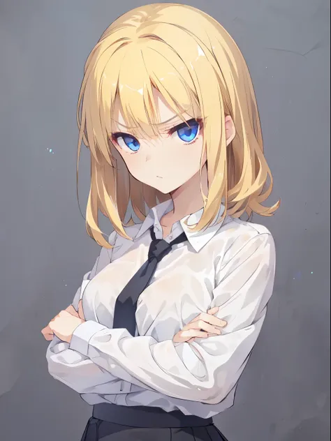 (serious, [glaring]), Japan, 1 girl, upper body, (facing viewer, looking viewer), standing straight, (blue eyes, (blonde hair), (wavy hair:0.65), medium hair, medium breast), (white shirt, black necktie, black pencil skirt), (gray background), Sharp Focus,...