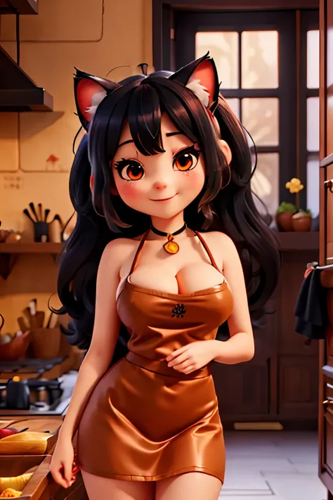 Beautiful woman Junkotvv, black hair bangs, cat ears, red eyes,  big breasts, neckline,  slim body,  long hair,  naked apron,  seductive, happy, blush, In the kitchen