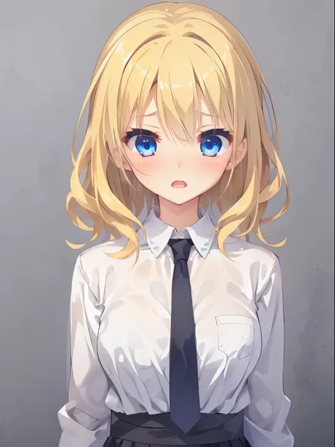 (surprised, blush, open mouth), Japan, 1 girl, upper body, (facing viewer, looking viewer), standing straight, (blue eyes, (blonde hair), (wavy hair:0.65), medium hair, medium breast), (white shirt, black necktie, black pencil skirt), (gray background), Sh...