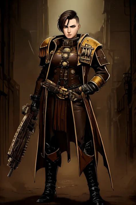 warhammer 40k setting: a h young female noble with very short dark-brown undercut. shaved sides. tomboyish. androgynous. slim. w...