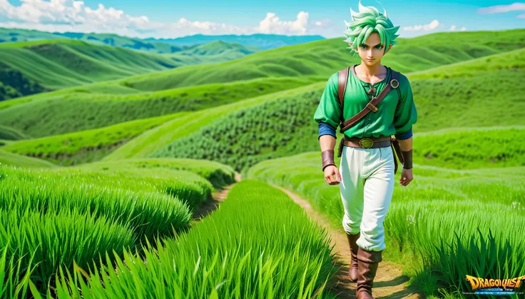 8K high resolution images ,  realist, Green clothes、 green hair、 white pants、Wearing、 dragon quest  、Walking on the prairie、Green hair、 Young Male Hero