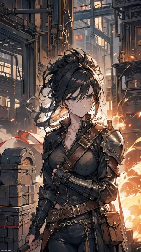 “A fierce and determined woman, the leader of the underground rebellion in a steampunk city. She wears a rugged, battle-worn outfit consisting of leather armor pieces and a tattered long coat. Her short, dark hair is slightly disheveled, and a scar runs ac...