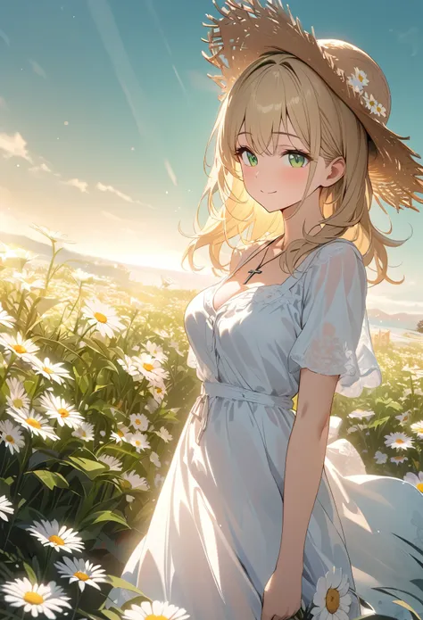 masterpiece, best quality, 8k, highres, ultra-detailed,  HDR, UHD, studio lighting, extreme detail description, professional,illustration, best quality, 1girl, green eyes, wavy blonde hair, straw hat, ribbon on hat, summer dress, floral print, daisies, flower field, soft smile, holding hat, delicate necklace, cross pendant, sunlight, gentle breeze, light green background, wooden fence, outdoor scene, serene atmosphere, pastel tones, warm and soft lighting
