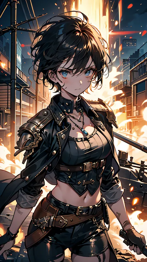 “A fierce and determined woman, the leader of the underground rebellion in a steampunk city. She wears a rugged, battle-worn outfit consisting of leather armor pieces and a tattered long coat. Her short, dark hair is slightly disheveled, and a scar runs ac...