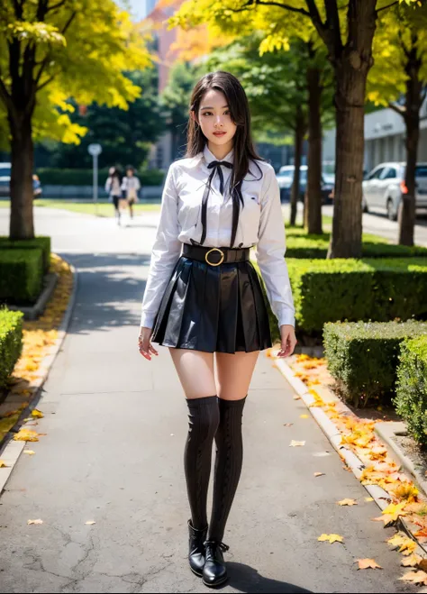 (( knee-high socks:1.5))、(8k、 RAW photo、 best quality、masterpiece:1.2)、(Realistic、Realistic)、 1 girl、(( mini skirt、 jacket、smile、black、Thin legs、whole body、 boots、 dress、tights、garden、  front view、 stare at the camera、belt、 stand with your hands on your lo...