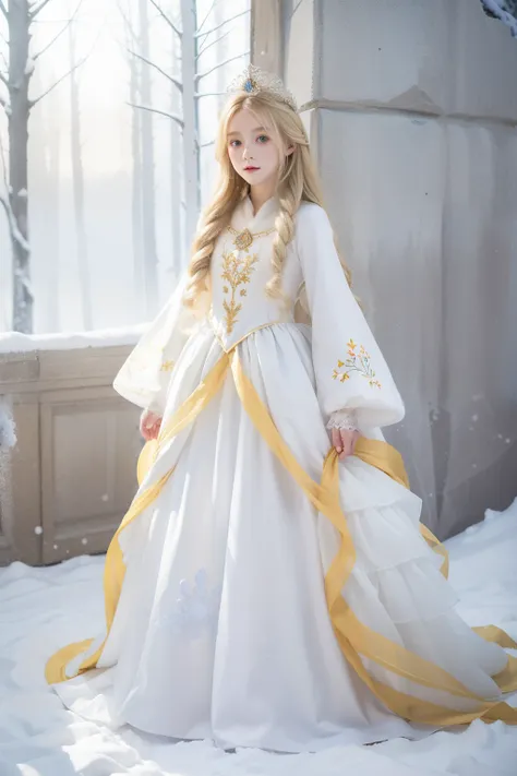   children, long blonde hair, beautiful colorful gorgeous white long winter medieval dress with layers and embroidery, long princess sleeves, flower accessories on head, white gloves, white fur collar, masterpiece, best quality, natural, gorgeous, winter f...