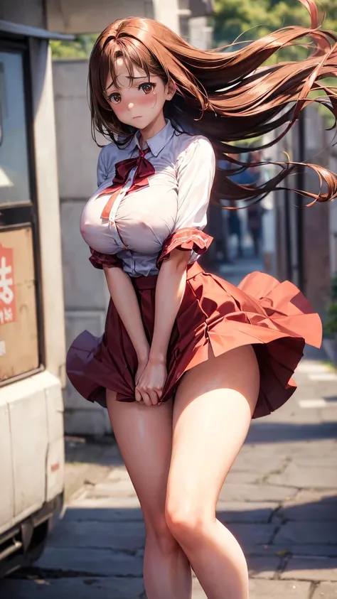 1womanl,Brown hair,Red ribbons ,((Impatient expression)),Beautiful breasts,White shirt,Red dress,well-styled,,(Facing the front)(((Blushing cheeks、embarassed expression)),(((The skirt is rolled up by the wind))), 35 YEARS OLD, TALL, HUGE BREASTS