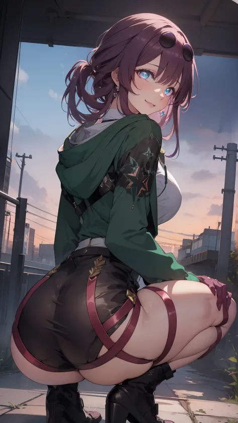 (1girl, solo, kafka, honkai star rail, mommy smile, sexy, purple hair, sharp face,purple eyes,dynamic angle),
BREAK ((green hoodie:1.2)),
BREAK showing off her big ass, lit from behind, bending over, thicc, beautiful anime girl squatting, seductive anime g...