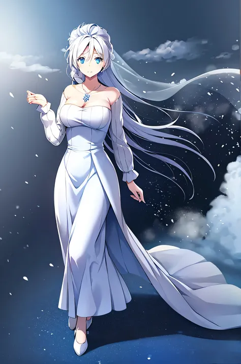 mature older bride, marriage, wedding dress, blue eyes, snowy background, flat as a board chest, aaa-cup brest size