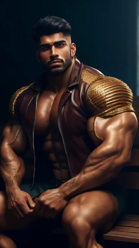 Photo of a handsome giant indian muscular college jock, raw, Powerful man, ((Leather jacket: Tight fit)), ((Detailed face:1.2)), ((Muscular build: Defined abs and biceps)), ((Detailed facial features: Expressive eyes)), ((Finely detailed skin: Sweat-shiny)...