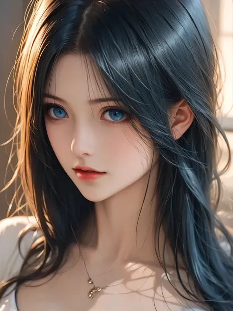 portrait、realistic、 elegant mature woman、 blue eyes、 shiny hair、 straight hair、4k resolution、 high quality cg、beautiful cg、soft ...