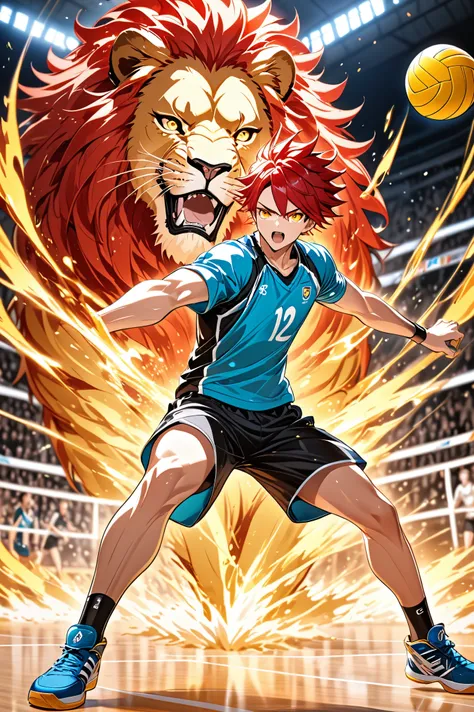 male volleyball player,  lion in the background  , attack , anime boy , red hair , yellow eyes