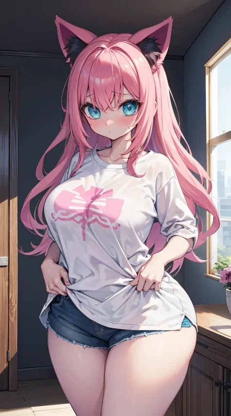 Big breasts girl,Cat Ear Girl,Pink Hair,Pink cattail,Pink cat ears,cute,Big breasts,Thin waist,Loose shirt,Translucent texture,Loose shirt,Loose shirt,Loose T-sleeve,Loose tops,Overly loose tops,Oversize tops,shorts,Fleshy thighs,Thick thighs,Meat Leg,Fat ...