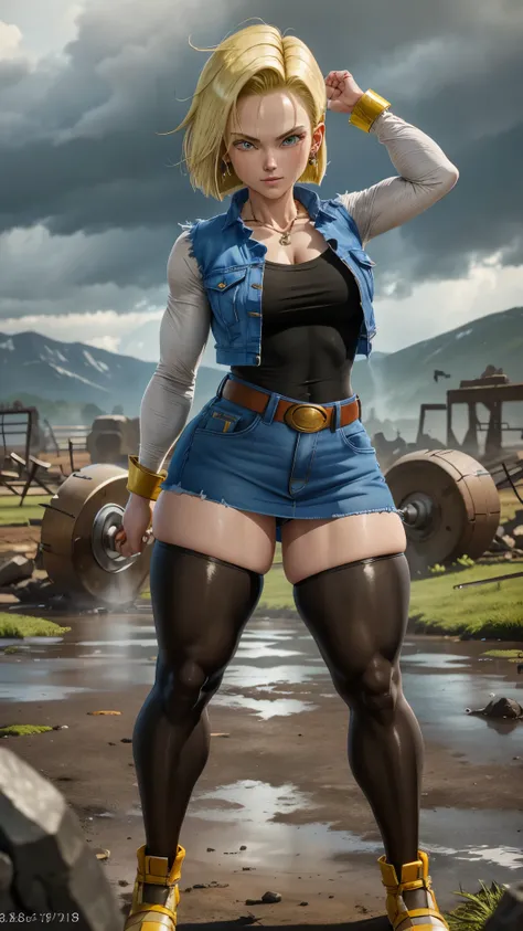 best quality, highres, and18, 1girl, android 18, solo, blonde hair, blue eyes, belt, tight blue demin skirt, gold_necklace, closed fists, black shirt, short hair, long sleeves, earrings, open vest, denim vest, medium breasts, cowboy shot, mountains, straig...