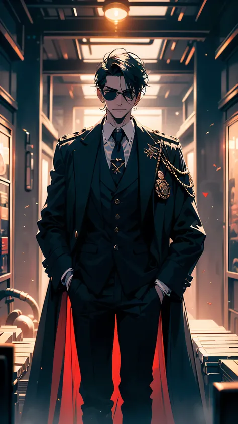 “A shadowy figure and spy, blending into the steampunk environment. He wears a long, dark trench coat with brass buttons, a high-collared shirt, and a pair of round, tinted goggles perched on his head. His black hair is slicked back, and he has a subtle sm...