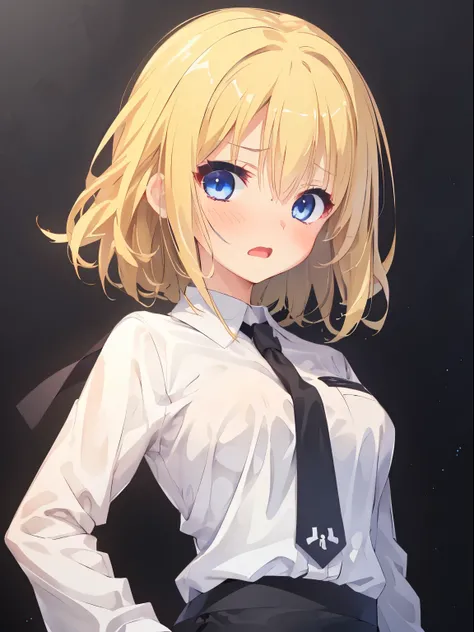 (surprised, blush, open mouth), Japan, 1 girl, upper body, (facing viewer, looking viewer), standing straight, (blue eyes, (blonde hair), (wavy hair:0.65), medium hair, medium breast), ((white shirt, black necktie, black pencil skirt)), (gray background), ...