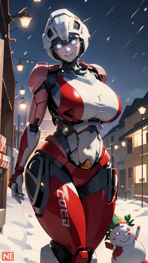 rotb_arcee, 1girl, big breasts, smile, robot, mecha, (glowing eyes:1.2), christmas tree, christmas gifts, outdoors, wide hips, n...