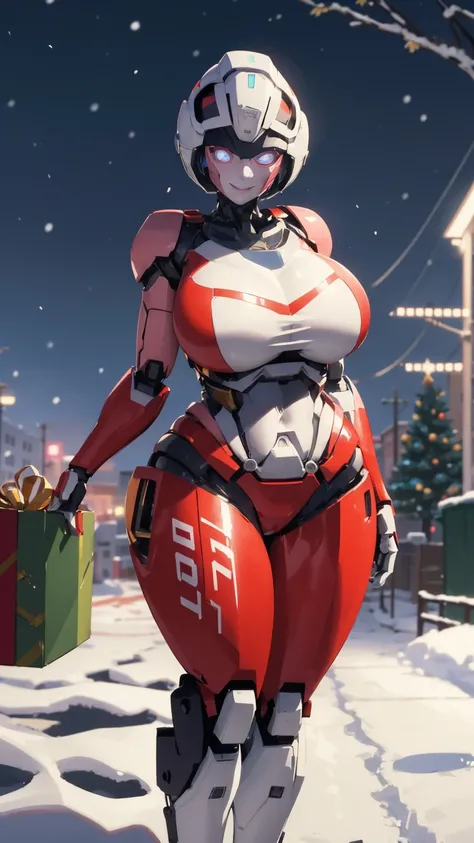 ROTB_Arcee, 1girl, big breasts, smile, robot, mecha, (glowing eyes:1.2), Christmas tree, Christmas gifts, outdoors, wide hips, navel, thick thighs, snow falling on street,