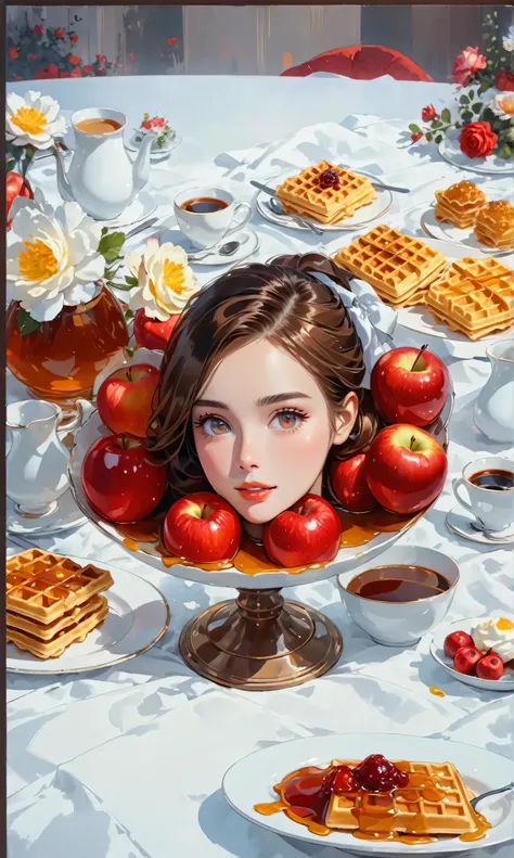 masterpiece,  beautiful illustration, flowers, lots of food, waffles , honey, jam, coffee, Tea, flower vases ,  white tablecloth, Fruits, roses,  cutlery , knives , Fork, spoons, food plates , breakfast,  big dish with red apples in caramel, very shiny app...