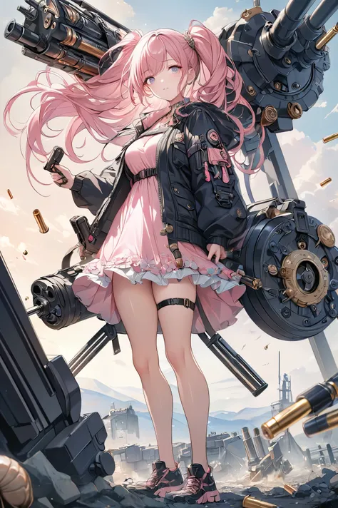 1girl,gatling gun, revealing light pink dress, black jacket, shell casing, ammunition belt, full body, outdoors,, (masterpiece, best quality,highres, perfect hands), masterpiece,best quality,ultra-detailed,very detailed illustrations,extremely detailed,int...