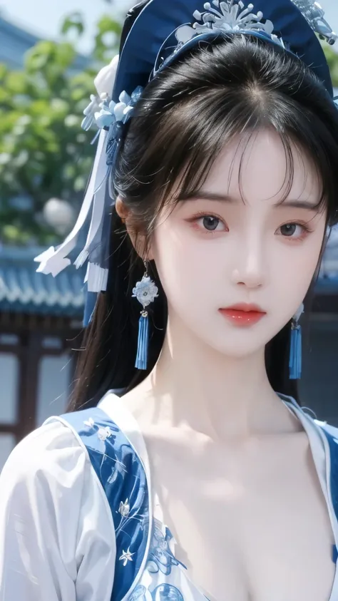 Blue and white porcelain style，Chinese Clothing，The costume theme is blue and white，Chinese Art Style， fashion model 18 years old  [[[[Close-up cleavage]]]], [[[[Chest]]]], [[[[Cole]]]], [[[[Shoulder]]]], Perfect eyes, Perfect Iris ， perfect lips ， perfect...