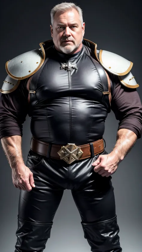 (best quality,4k,8k,highres,masterpiece:1.2), Appearance:age 60, white man empire Battlestar marshal, horny disgusting, muscular chubby, kind, mature daddy, hairy chest hard nipple.Clothing: armor uniform jacket, armor uniform Pants with big hard bulge, be...