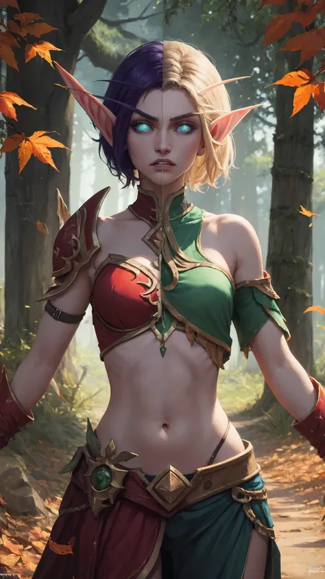 (Masterpiece, highly detailed, highly quality, highly resolutions), SplitScreen, split screen, BREAK nightelf, angry, clenched teeth, glowing eyes, blue eyes, Purple Hair, colored skin, mature female, purple midriff, navel, purple spike shoulder pad, plat...