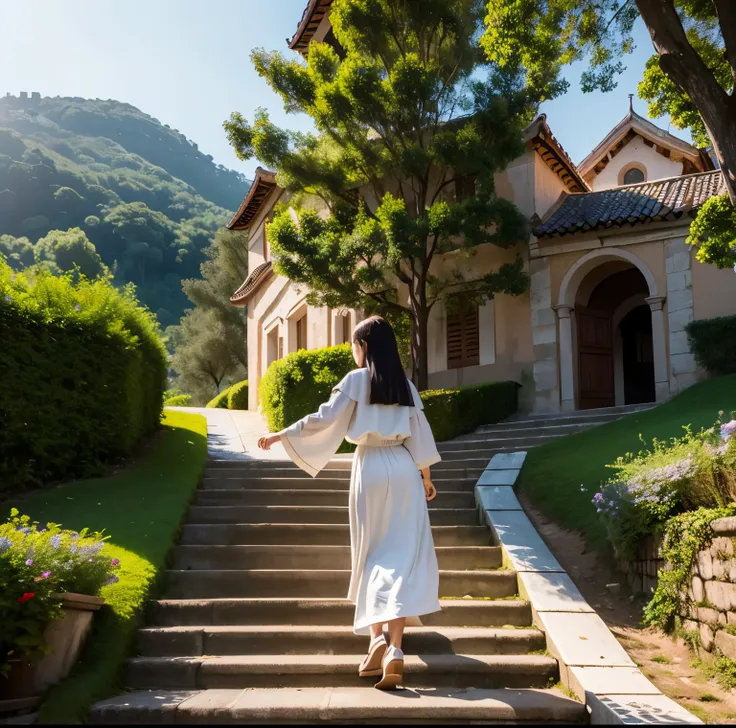 8K quality, Masterpiece,  bright artistic dusk lighting,  super real ,  high chroma, Ancient fortified city landscape pictures,  forest, High ground, (Back view on stairs :1.3), (Ass:1.2), White clothes