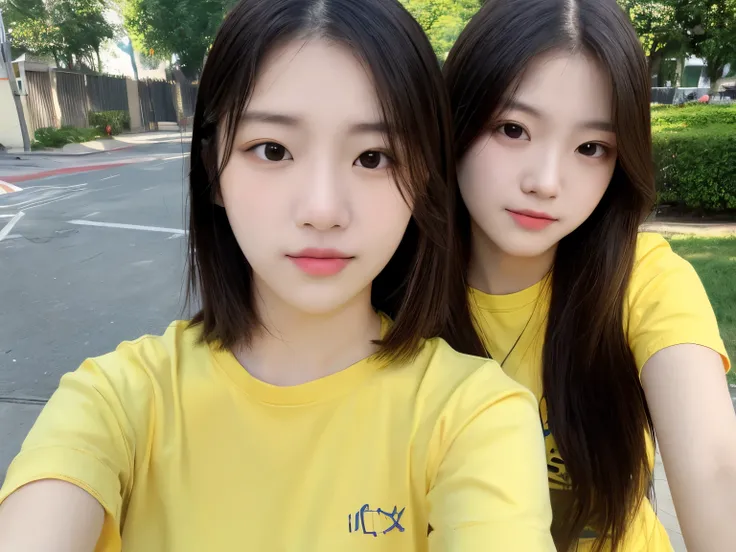  2 girls, 18 year old  , selfie  ,  wearing white and yellow shirt ,  long hair and short hair, realistic, High Resolution, Masterpiece, black hair