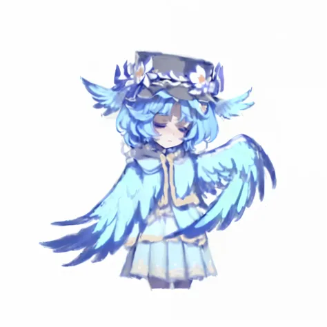 there is a drawing of a girl with a hat and wings, touhou character, from touhou, as a mystical valkyrie, ophanim has bird wings, cirno touhou, keqing from genshin impact, full - body majestic angel, inka harpy girl, with large wings, wiggly ethereal being...