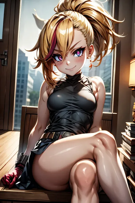 (masterpiece, best quality:1.2), red glowing eyes, red eyes, the eyes are red, perfect face, strong make up, highres, 1 girl, ultra long ponytail, (female:1.5), strife, blonde hair streaked with lots of red highlights, two colors hair (blond and red), high...